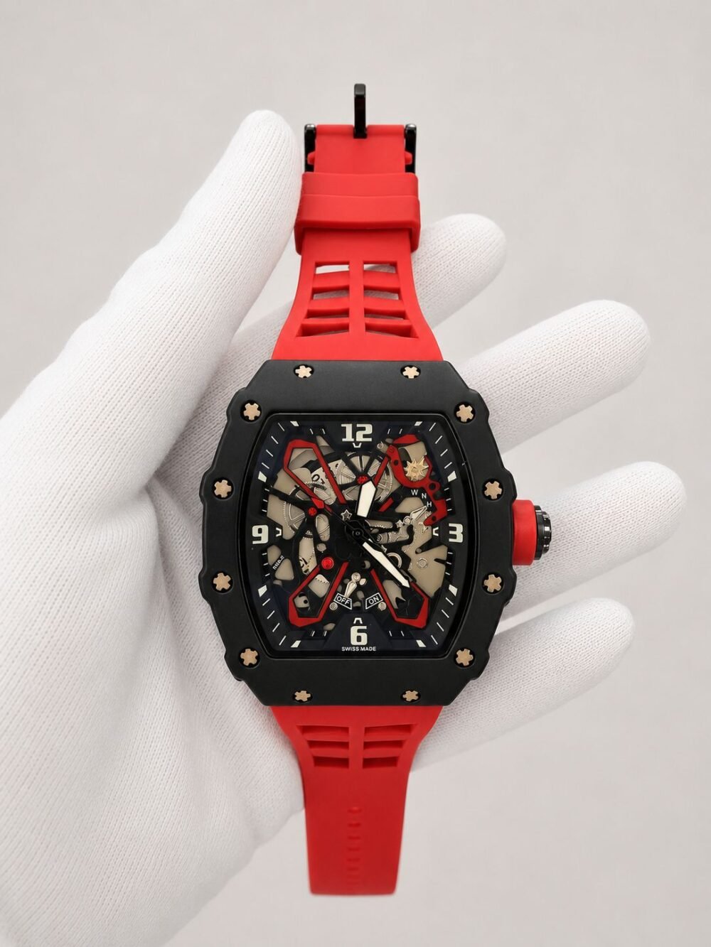 Мъжки Richard Mille Skeleton Black / Red Strap #181