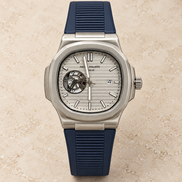 Мъжки Patek Philippe Nautilus Open Heart Silver Dial Blue Rubber #340